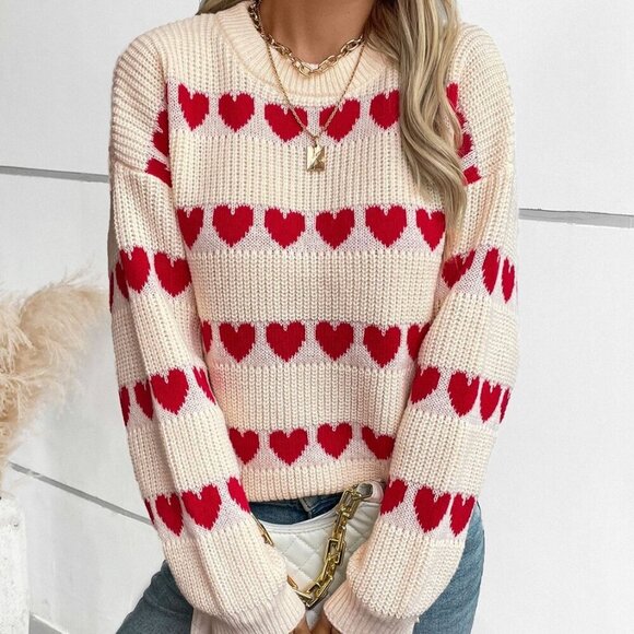 Heart Round Neck Dropped Shoulder Sweater NWT - Picture 4 of 8